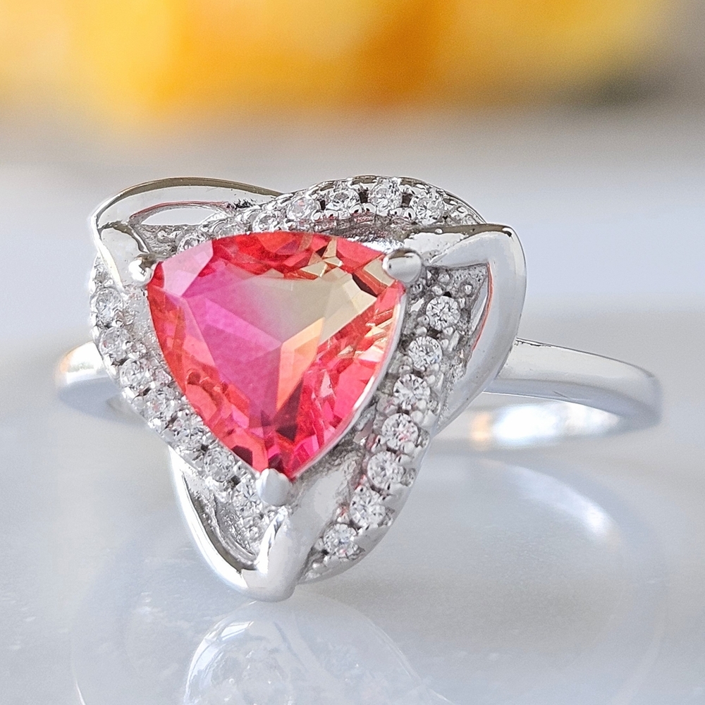 Pink and Peach trillion gemstone ring, 925 Sterling Silver  Charmed Aroma